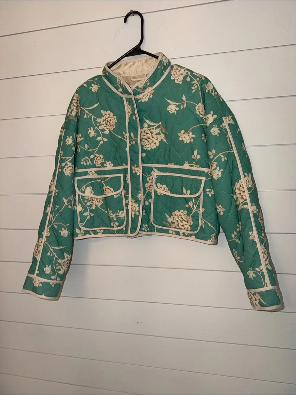 Seven for All Mankind  Floral Cropped Jacket in Teal and Cream size Med NWOT